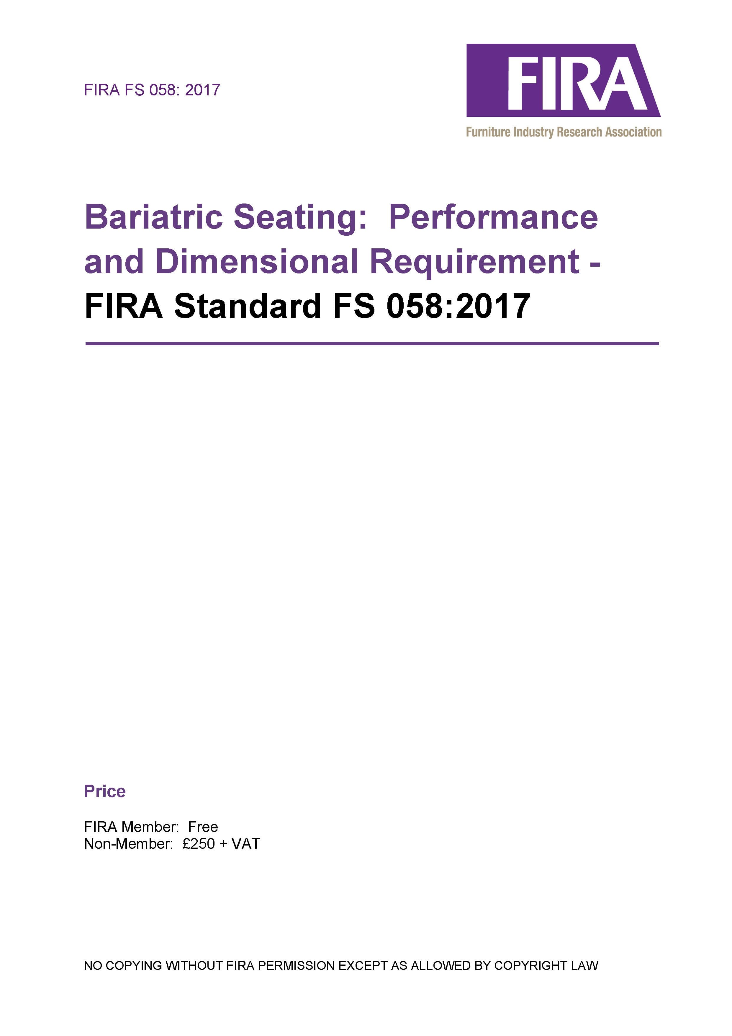 Bariatric Seating:  Performance and Dimensional Requirement - FIRA Standard FS 058:2017